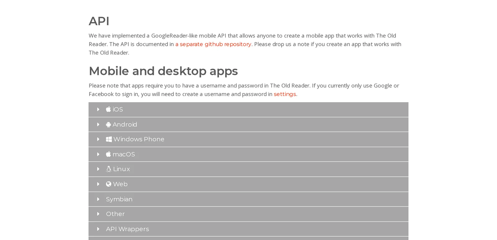 The Old Reader's apps page describing its Google Reader-like API for third-party apps and listing platforms that still include Windows Phone and Symbian