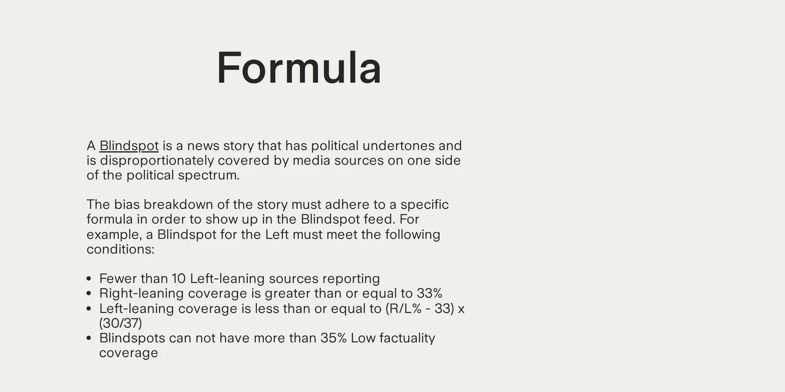Ground News's rating system page giving the Blindspot formula: a Blindspot for the Left needs fewer than 10 left-leaning sources and right-leaning coverage of at least 33%