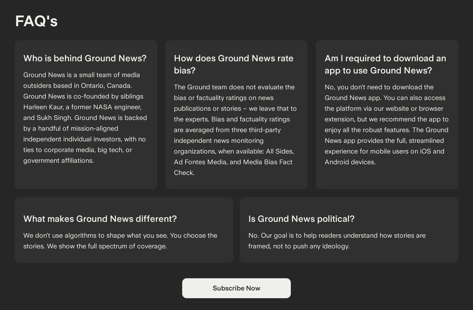 The FAQ on Ground News's subscribe page, where the answer to "What makes Ground News different?" reads "We don't use algorithms to shape what you see"