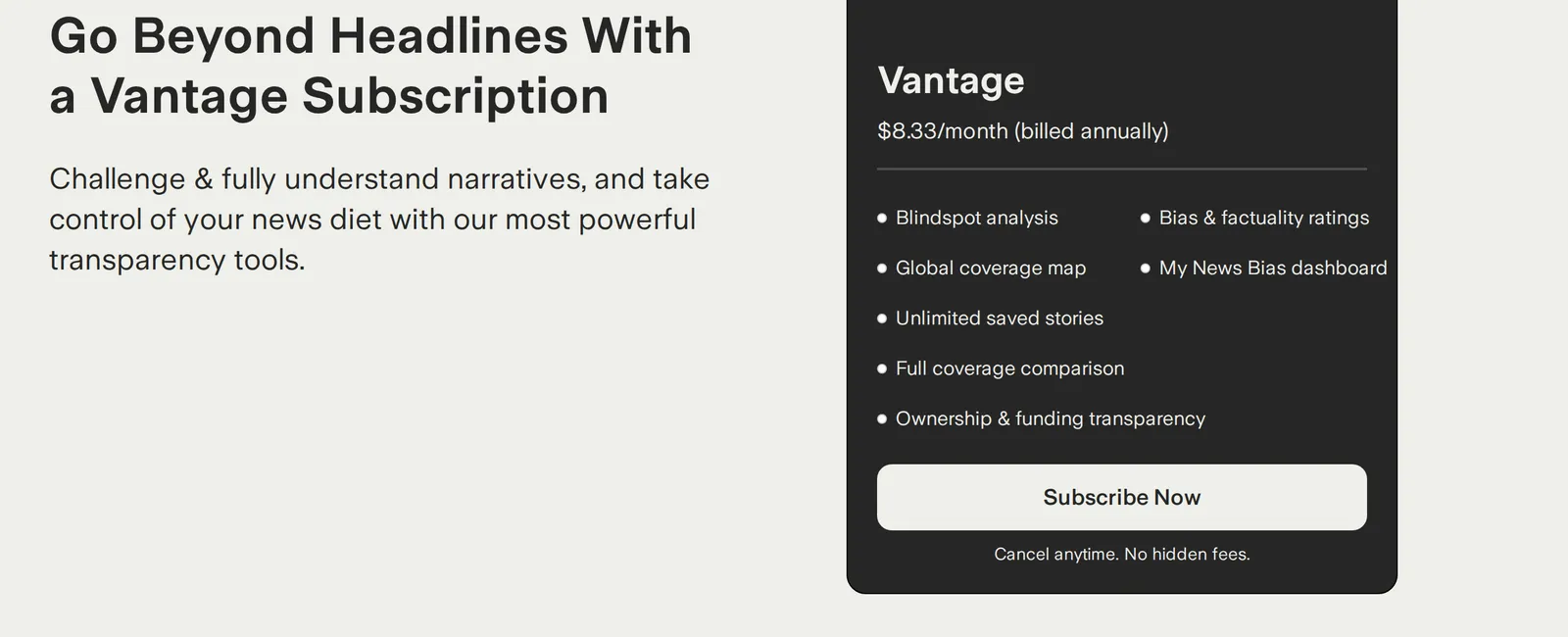 Ground News's web subscribe page offering one paid plan, Vantage at $8.33 a month billed annually, with no Pro or Premium tier listed