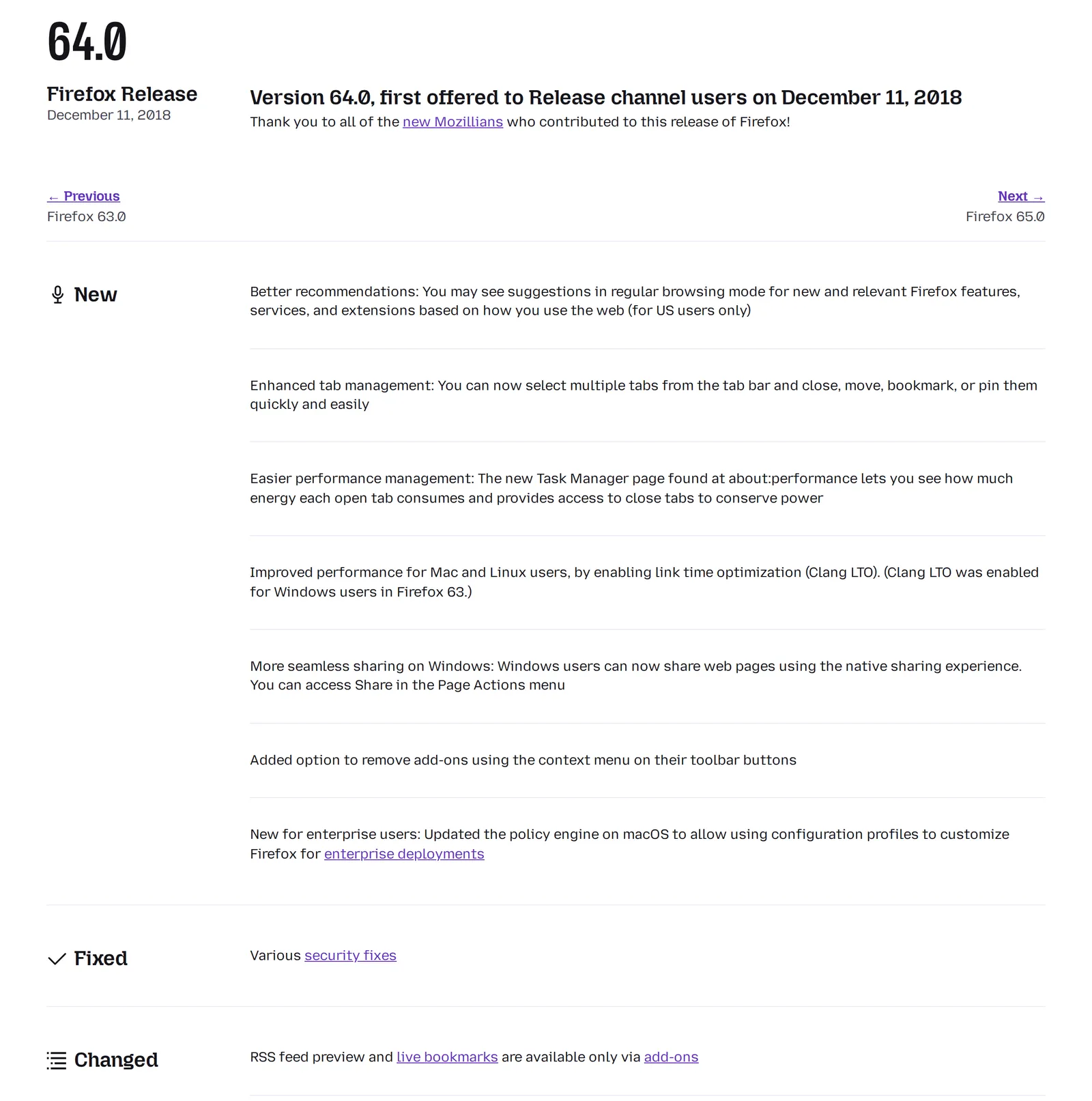 Firefox 64.0 release notes, dated December 11, 2018, with the line "RSS feed preview and live bookmarks are available only via add-ons" under the Changed heading