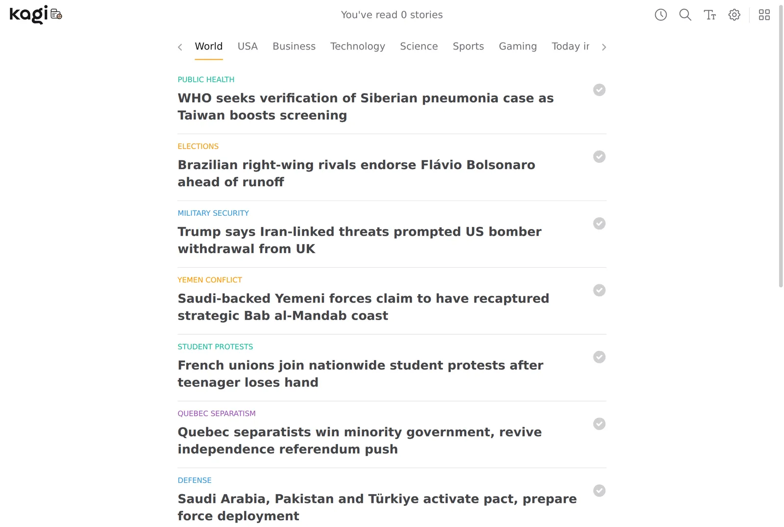Kagi News World section listing the day's stories as plain headlines under topic labels, with category tabs across the top and no ads
