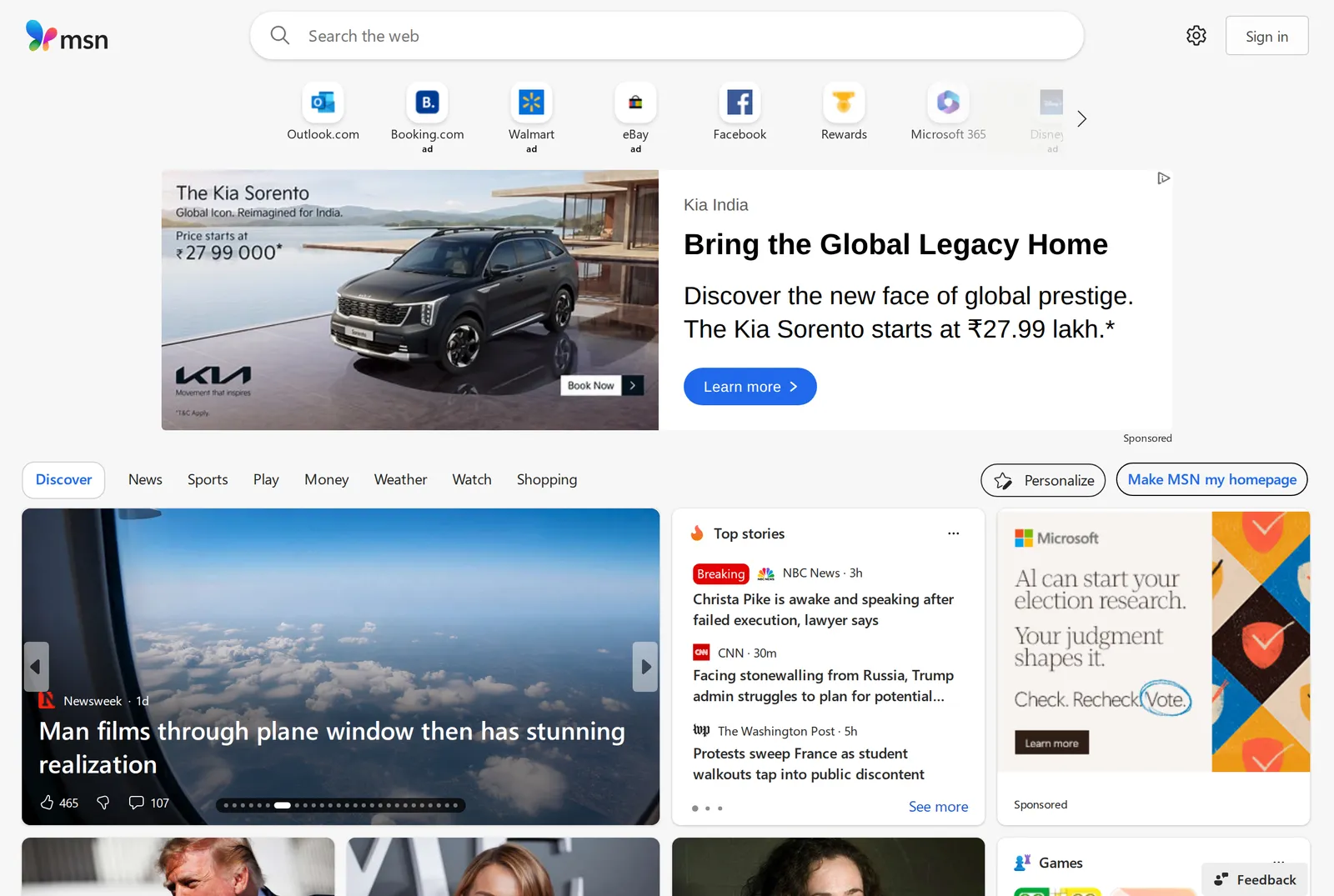 The MSN homepage with shortcut tiles for Booking.com, Walmart and eBay marked ad, a large car banner marked Sponsored, and a second Sponsored tile beside Top stories