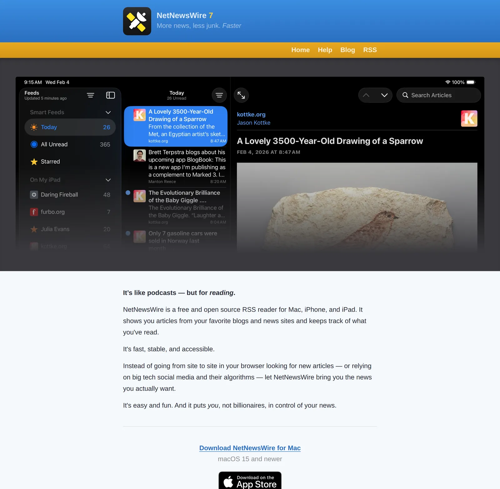 NetNewsWire's home page describing it as "a free and open source RSS reader for Mac, iPhone, and iPad", with download links for the Mac and the App Store only
