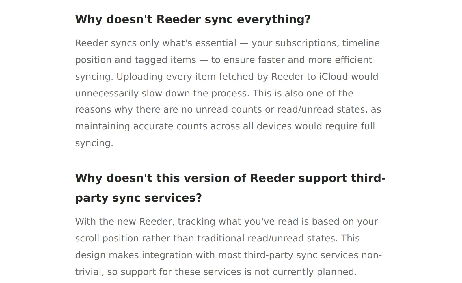 Reeder's help page explaining that it syncs subscriptions, timeline position and tagged items through iCloud, and that support for third-party sync services "is not currently planned"
