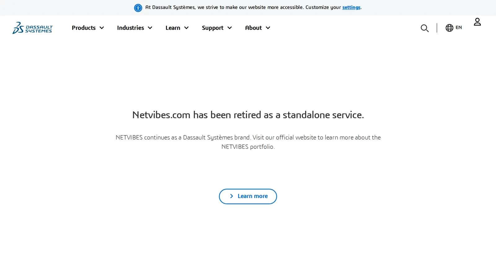The Dassault Systèmes page that netvibes.com now redirects to, reading Netvibes.com has been retired as a standalone service