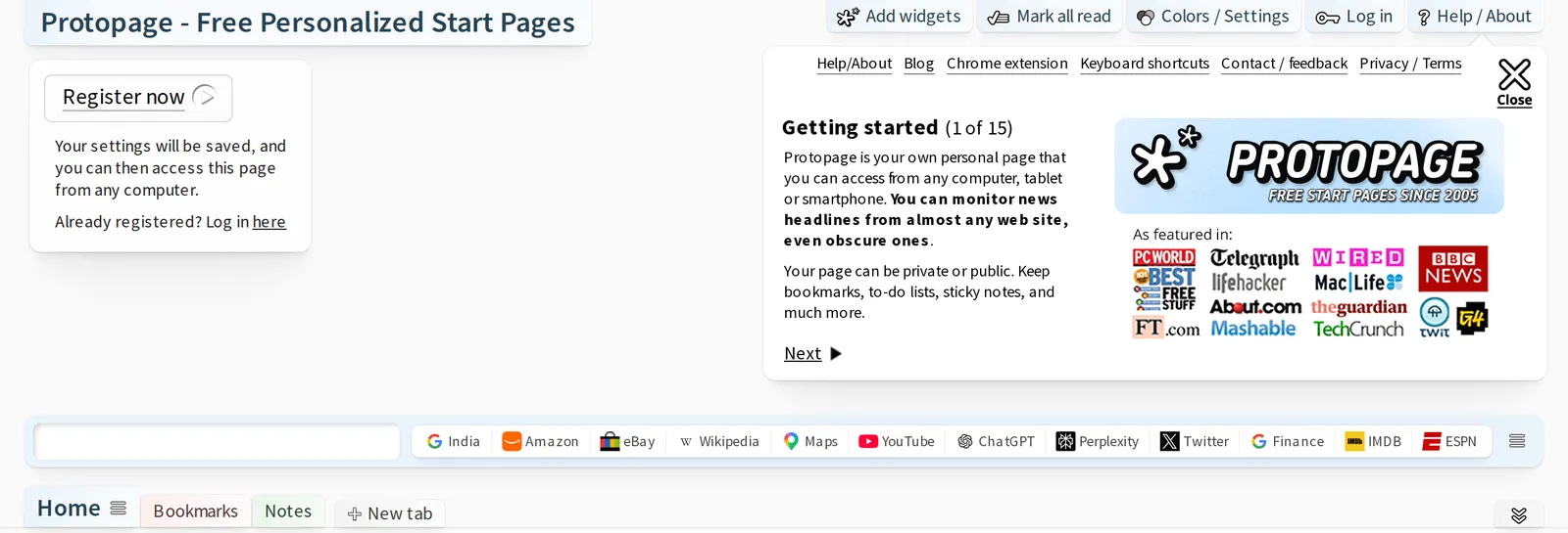 Protopage's home page with the banner Free start pages since 2005, an Add widgets button and a note that you can monitor news headlines from almost any web site