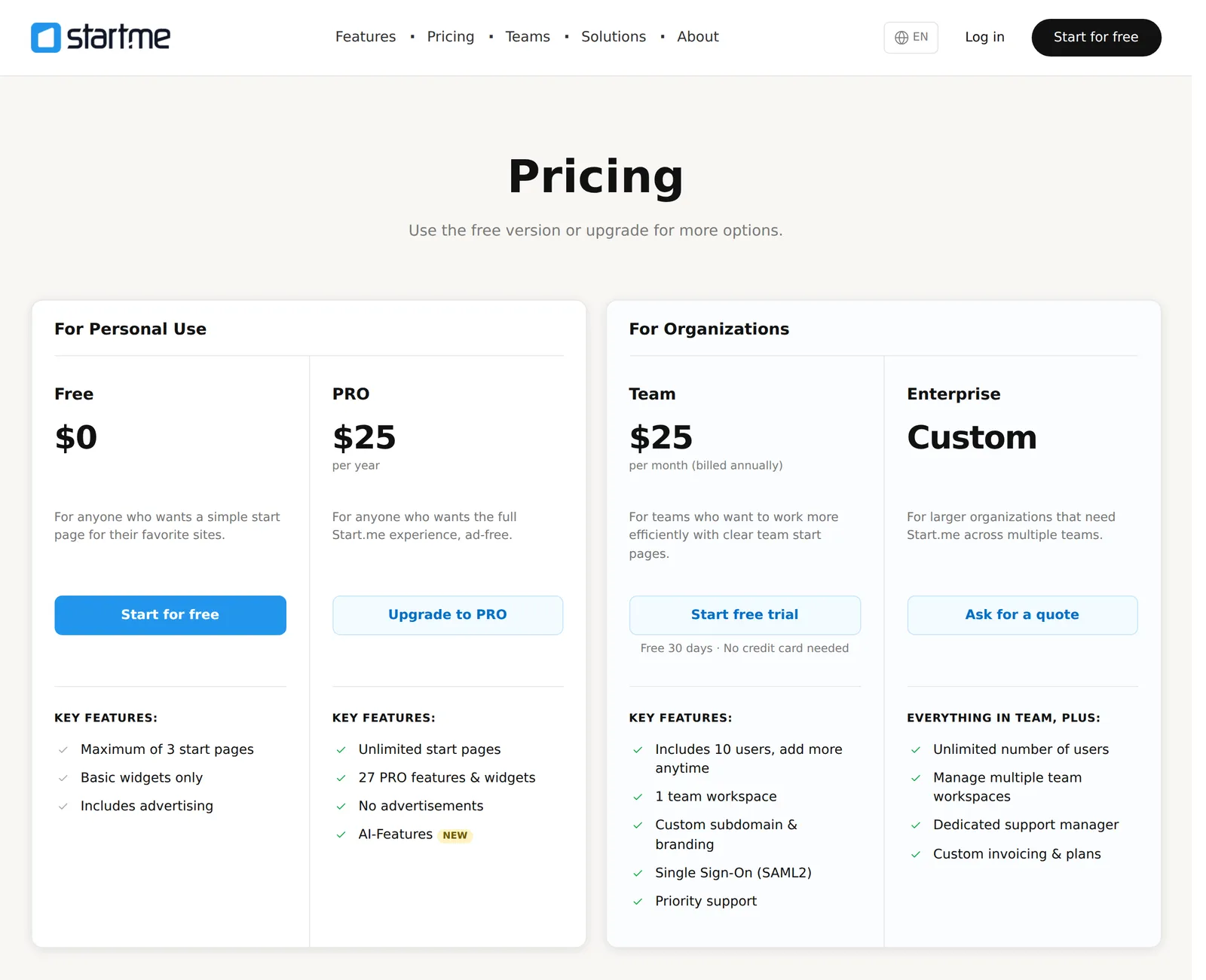 Start.me's pricing page showing Free at $0 with a maximum of 3 start pages, basic widgets and advertising, and PRO at $25 per year with unlimited start pages and no advertisements