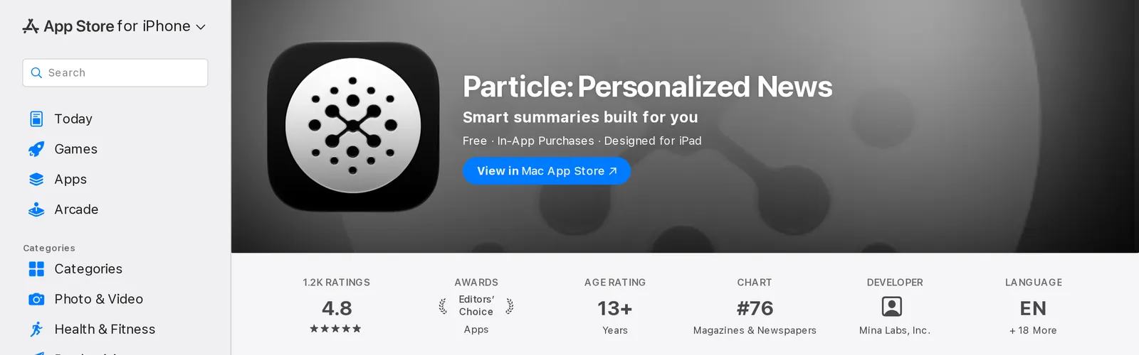 Particle's App Store listing showing a 4.8 rating from 1.2K ratings and an Editors' Choice award