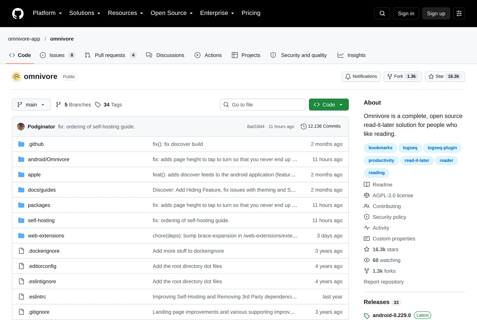 Omnivore's public GitHub repository, described as a complete, open source read-it-later solution for people who like reading, with an AGPL-3.0 license, 16.3k stars and a self-hosting folder in the file list