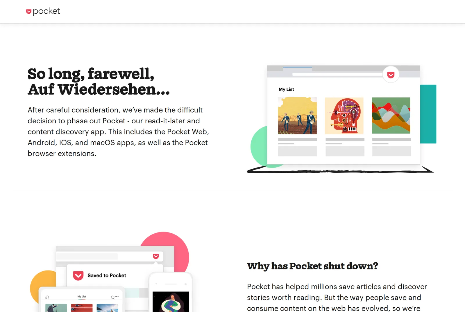 Pocket's home page, headed So long, farewell, Auf Wiedersehen, with a notice about the difficult decision to phase out Pocket, including the web, Android, iOS and macOS apps and the browser extensions, above a section titled Why has Pocket shut down?