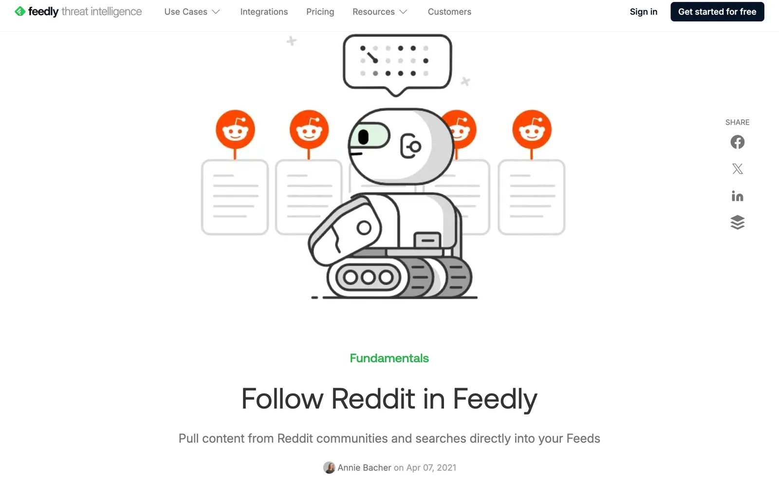 Feedly's "Follow Reddit in Feedly" announcement page, subtitled "Pull content from Reddit communities and searches directly into your Feeds"