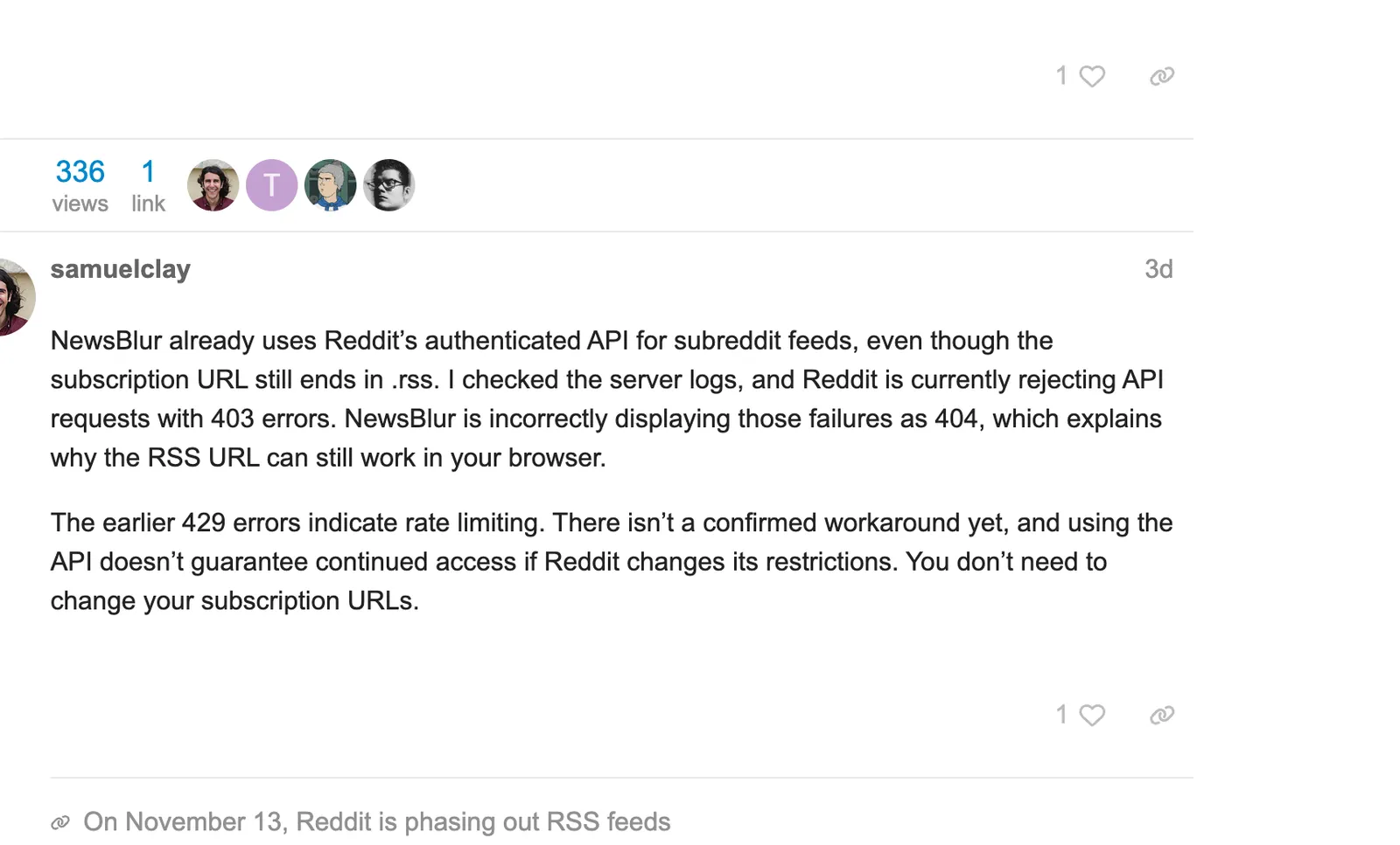 NewsBlur founder Samuel Clay's forum reply of October 14, 2026, saying NewsBlur uses Reddit's authenticated API for subreddit feeds and Reddit is rejecting the requests with 403 errors