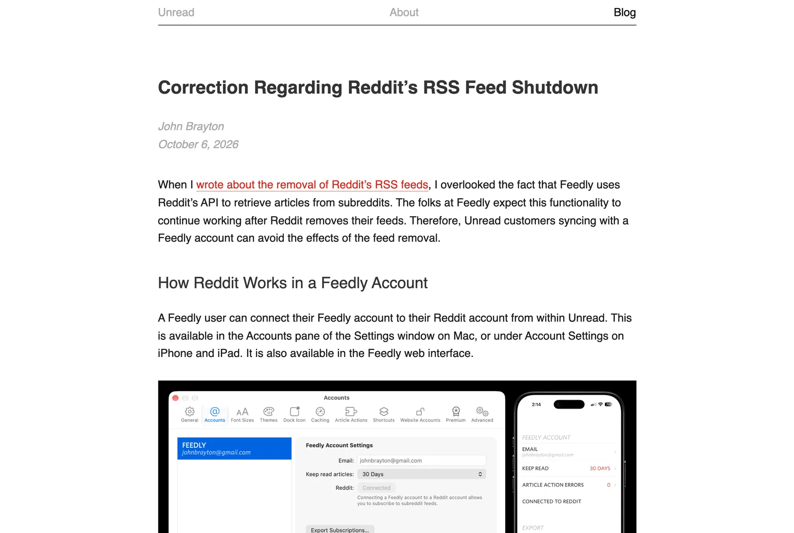 John Brayton's correction post of October 6, 2026, explaining that Feedly uses Reddit's API, so Unread customers syncing with Feedly can avoid the effects of the feed removal