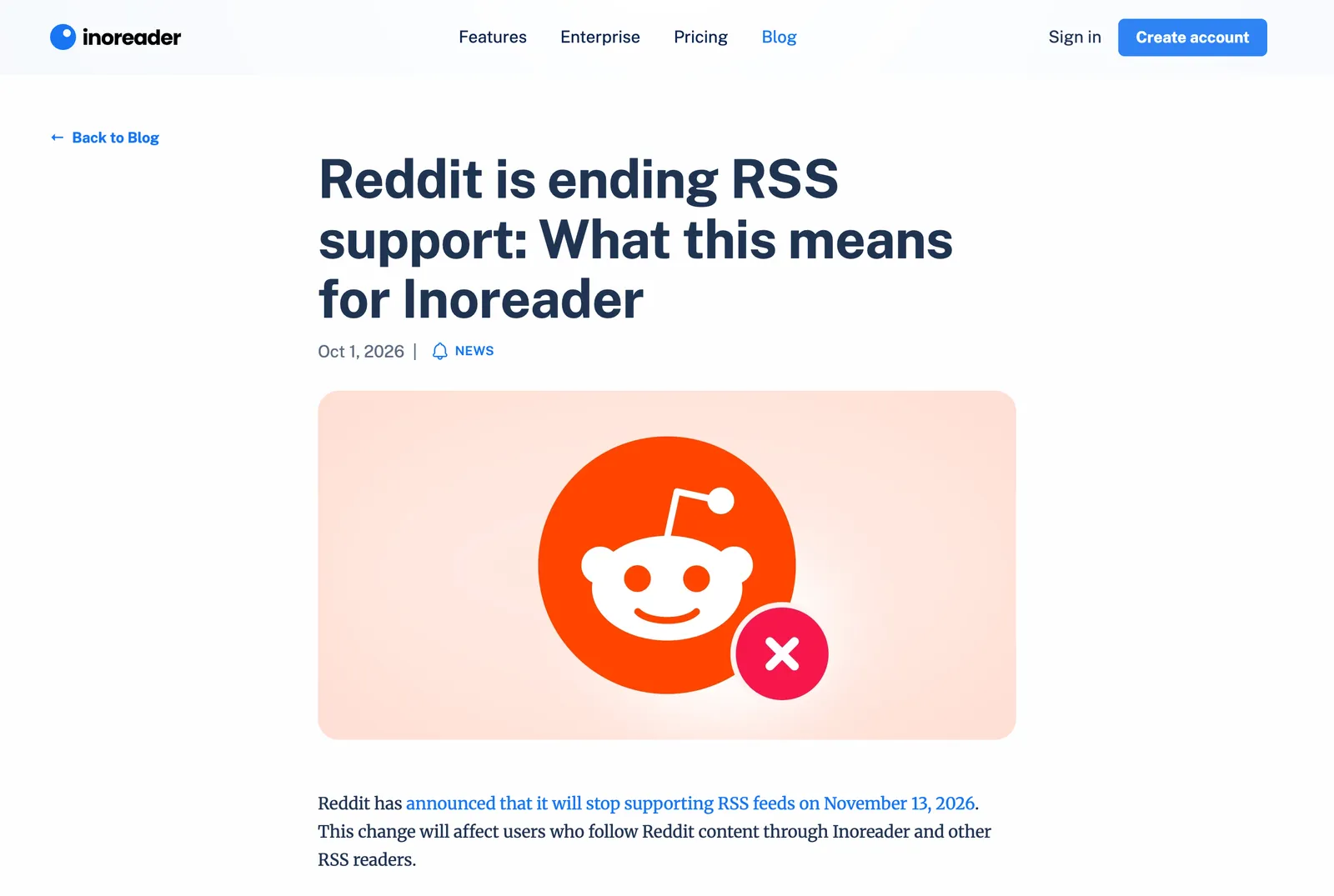 Inoreader's blog post "Reddit is ending RSS support: What this means for Inoreader", dated Oct 1, 2026, with a Reddit logo crossed out