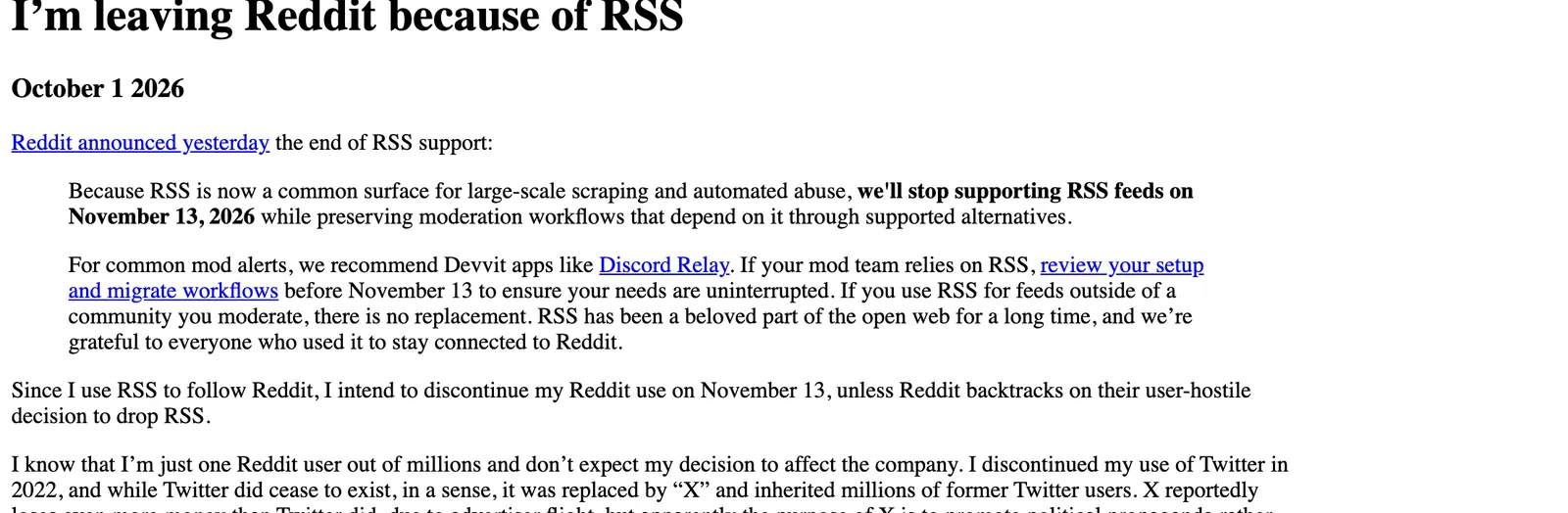 Reddit's RSS announcement quoted in full on Jeff Johnson's blog, with the sentence "we'll stop supporting RSS feeds on November 13, 2026" in bold