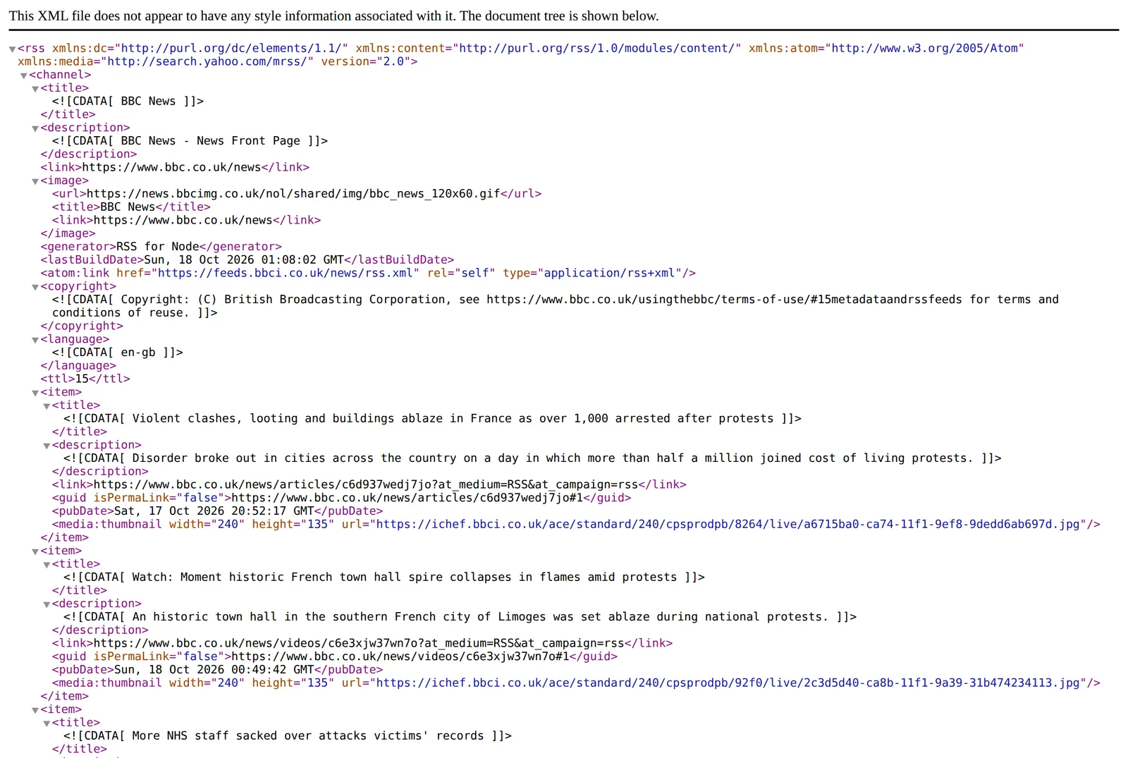 BBC News RSS feed in Chrome showing items with a media:thumbnail tag of width 240 and height 135