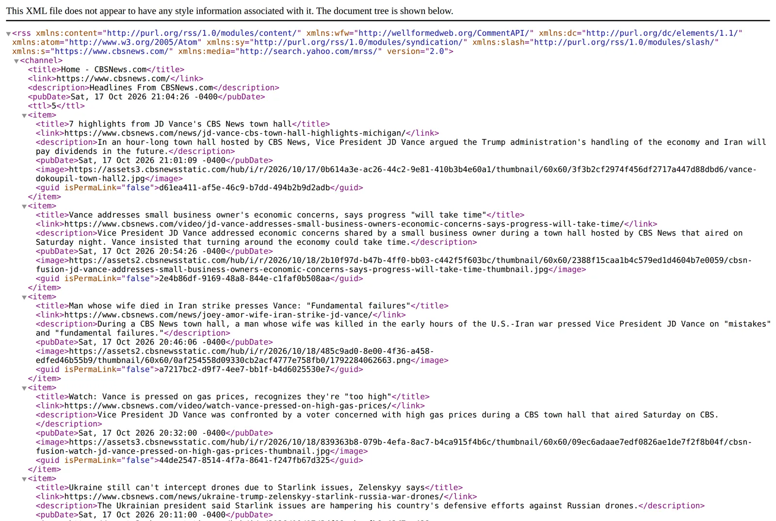 CBS News RSS feed in Chrome, where each item has a non-standard image element holding a 60x60 thumbnail URL instead of a media:content or enclosure tag