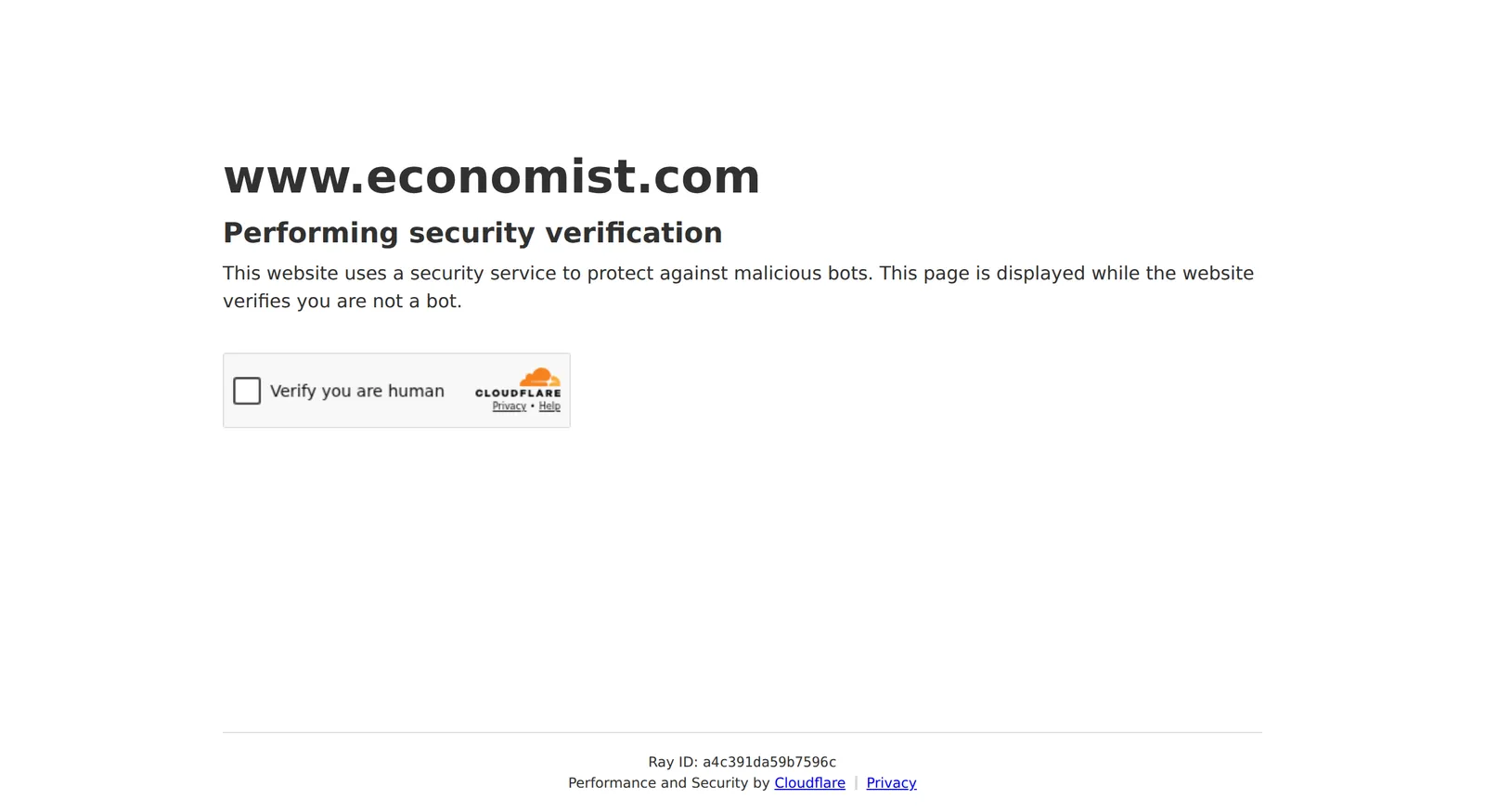 The Economist's RSS address showing a Cloudflare "Performing security verification" page with a "Verify you are human" checkbox instead of a feed