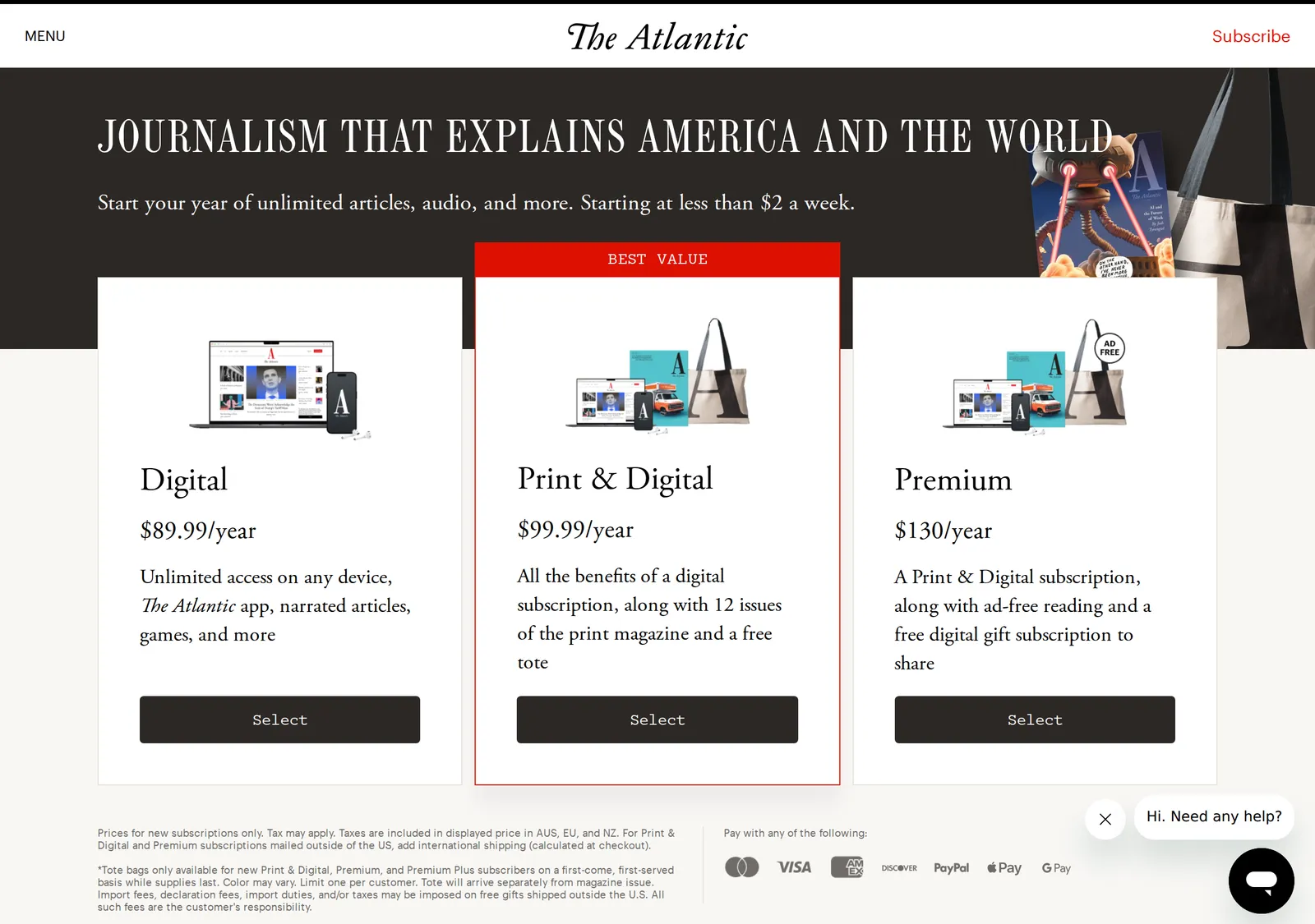 The Atlantic's subscription page offering Digital at $89.99 a year with unlimited access on any device, Print and Digital at $99.99 and Premium at $130