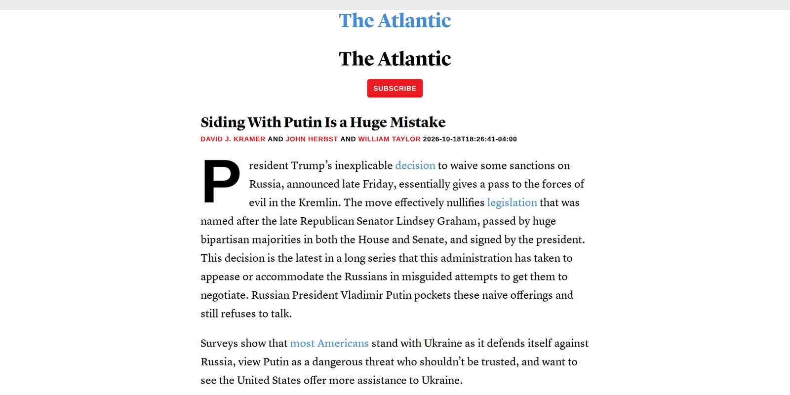 The Atlantic's feed rendered in a browser, showing the opinion piece Siding With Putin Is a Huge Mistake with its byline and full opening paragraphs