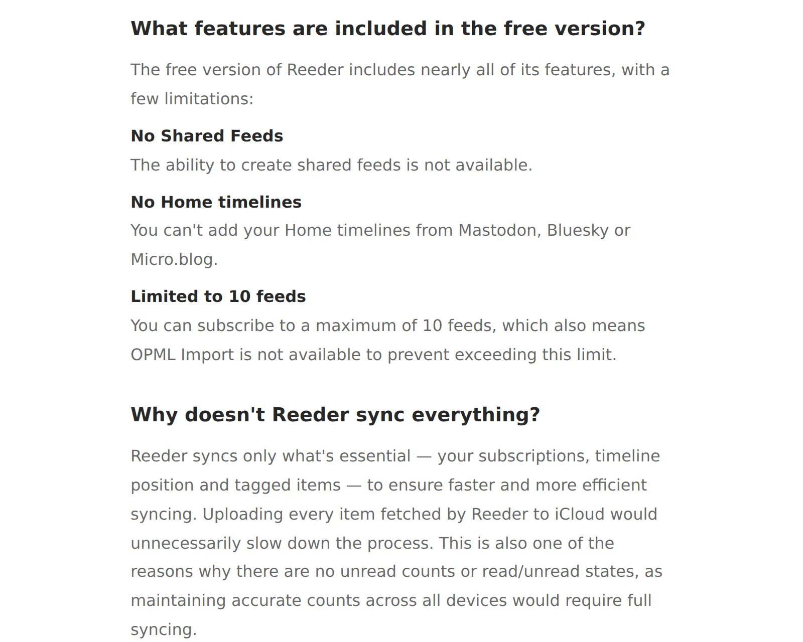 Reeder's help page saying the free version is limited to 10 feeds, and that Reeder has no unread counts or read/unread states because it syncs only subscriptions, timeline position and tagged items through iCloud