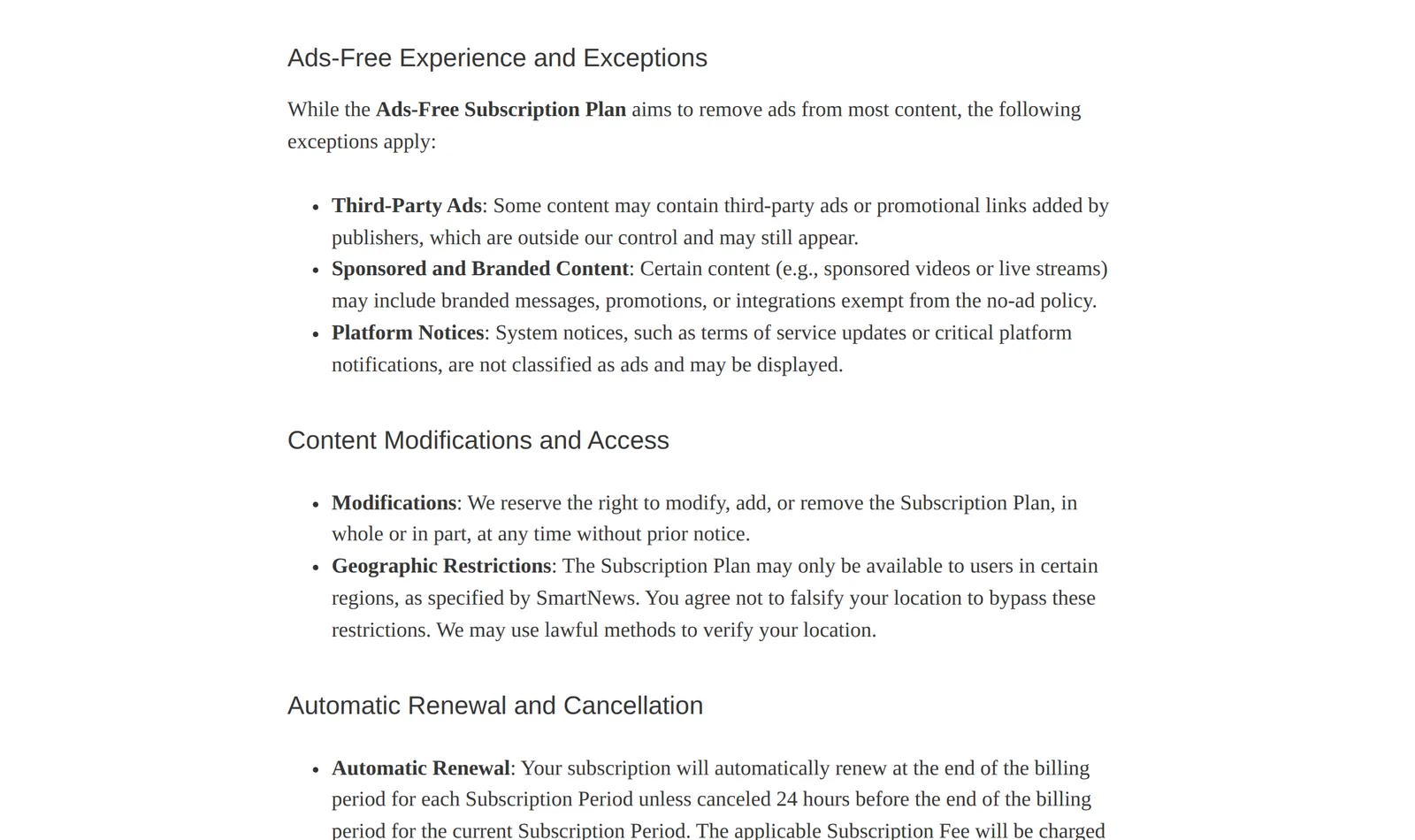 SmartNews's ad-free plan terms listing the exceptions: third-party ads added by publishers and sponsored and branded content may still appear