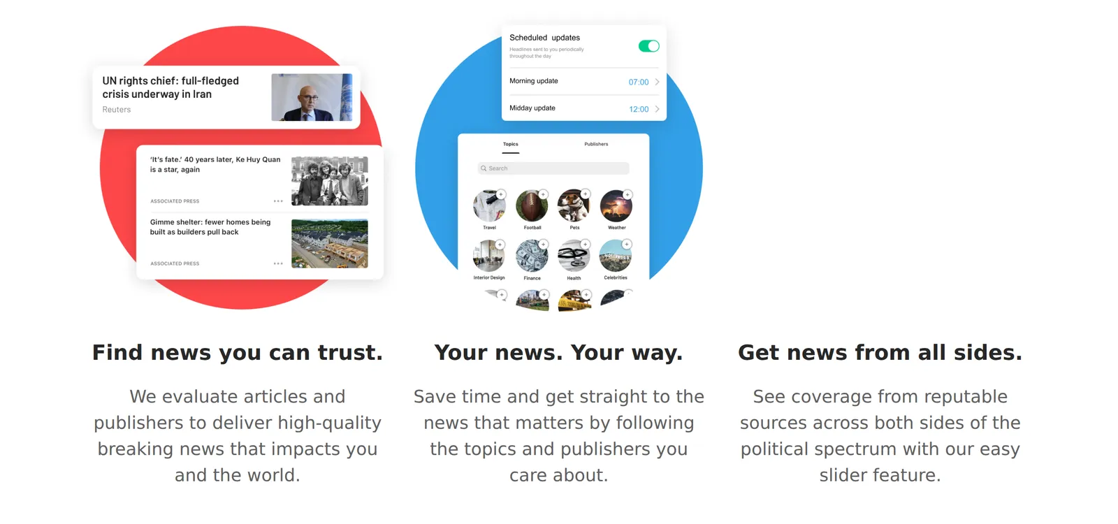 SmartNews's home page saying you follow the topics and publishers you care about and can see both sides of the political spectrum with its slider feature