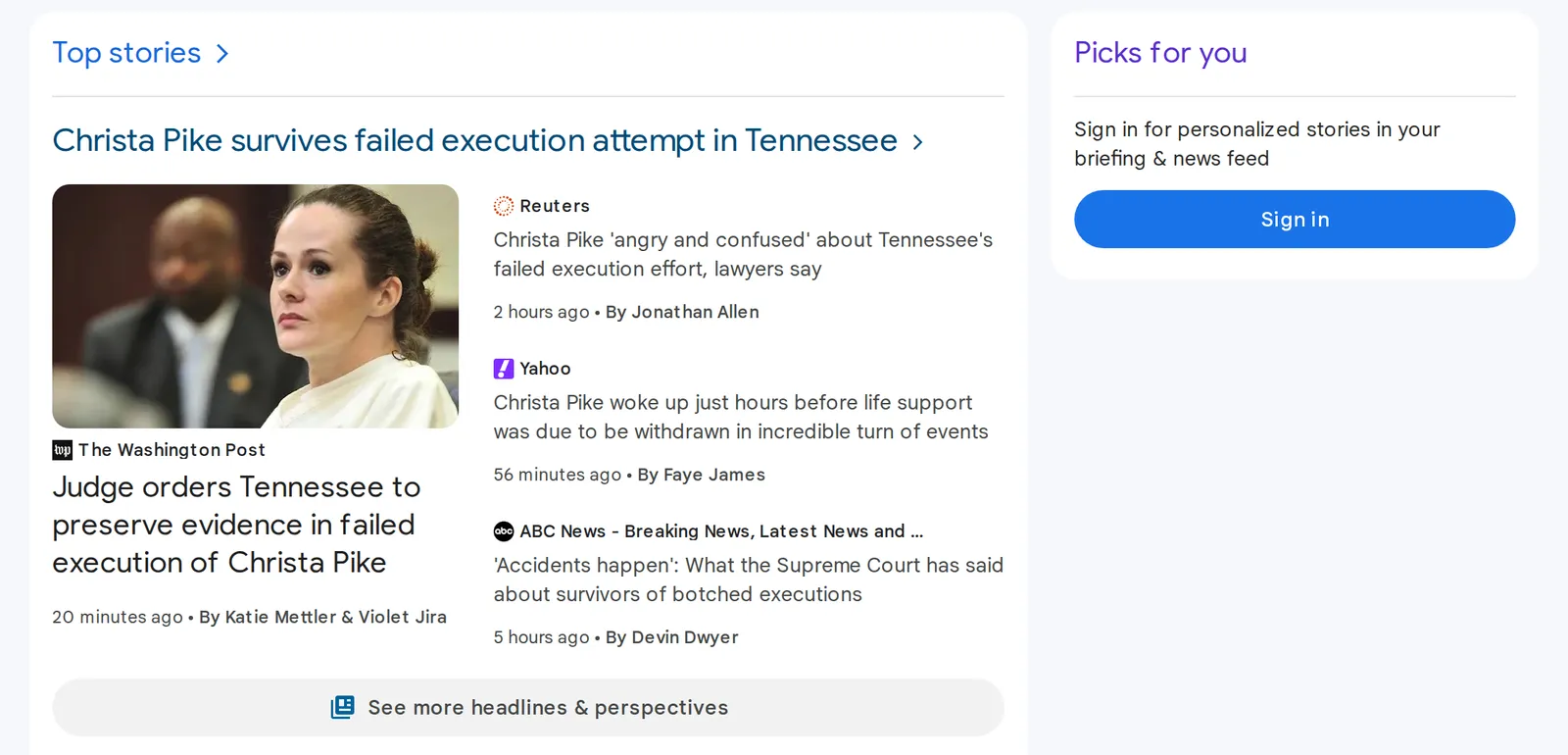 Google News Top stories card grouping one event with headlines from The Washington Post, Reuters, Yahoo and ABC News above a See more headlines and perspectives button, beside a Sign in for personalized stories box