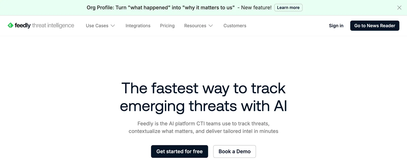 Feedly's homepage with the logo reading feedly threat intelligence, the headline The fastest way to track emerging threats with AI, and a Go to News Reader button in the top corner