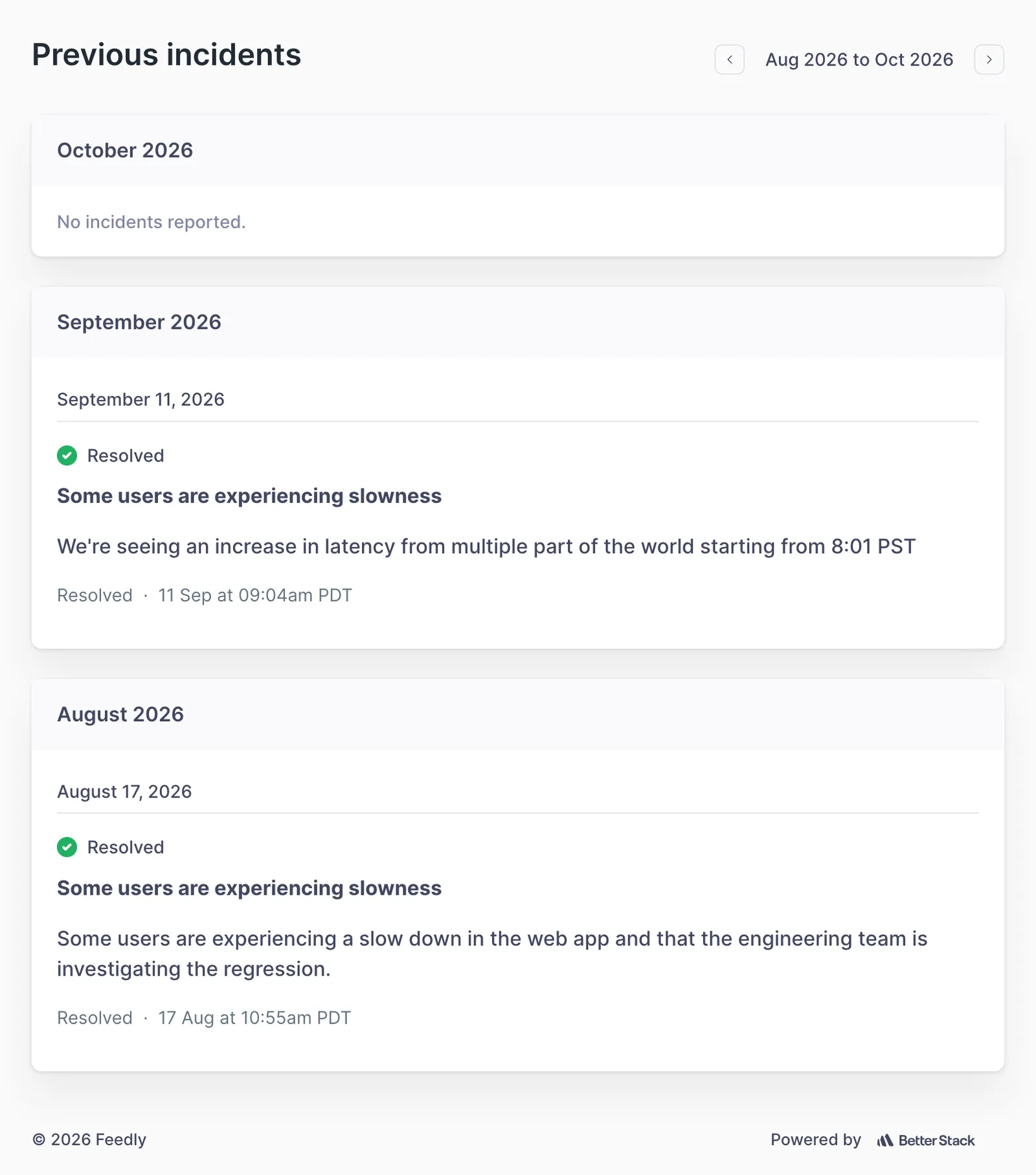 Feedly's status page history listing two resolved incidents titled Some users are experiencing slowness, on 11 September 2026 and 17 August 2026, and none in October 2026