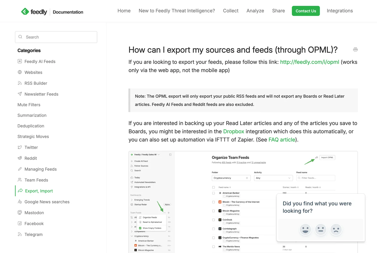 Feedly's help page for exporting sources, which gives the address feedly.com/i/opml and notes that the export works only in the web app and leaves out Boards, Read Later, AI Feeds and Reddit feeds