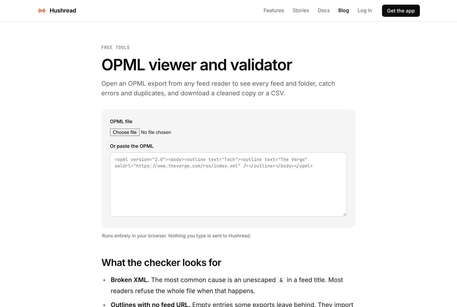 The OPML viewer and validator page, with a file chooser, a box to paste OPML into, and a note that it runs entirely in the browser