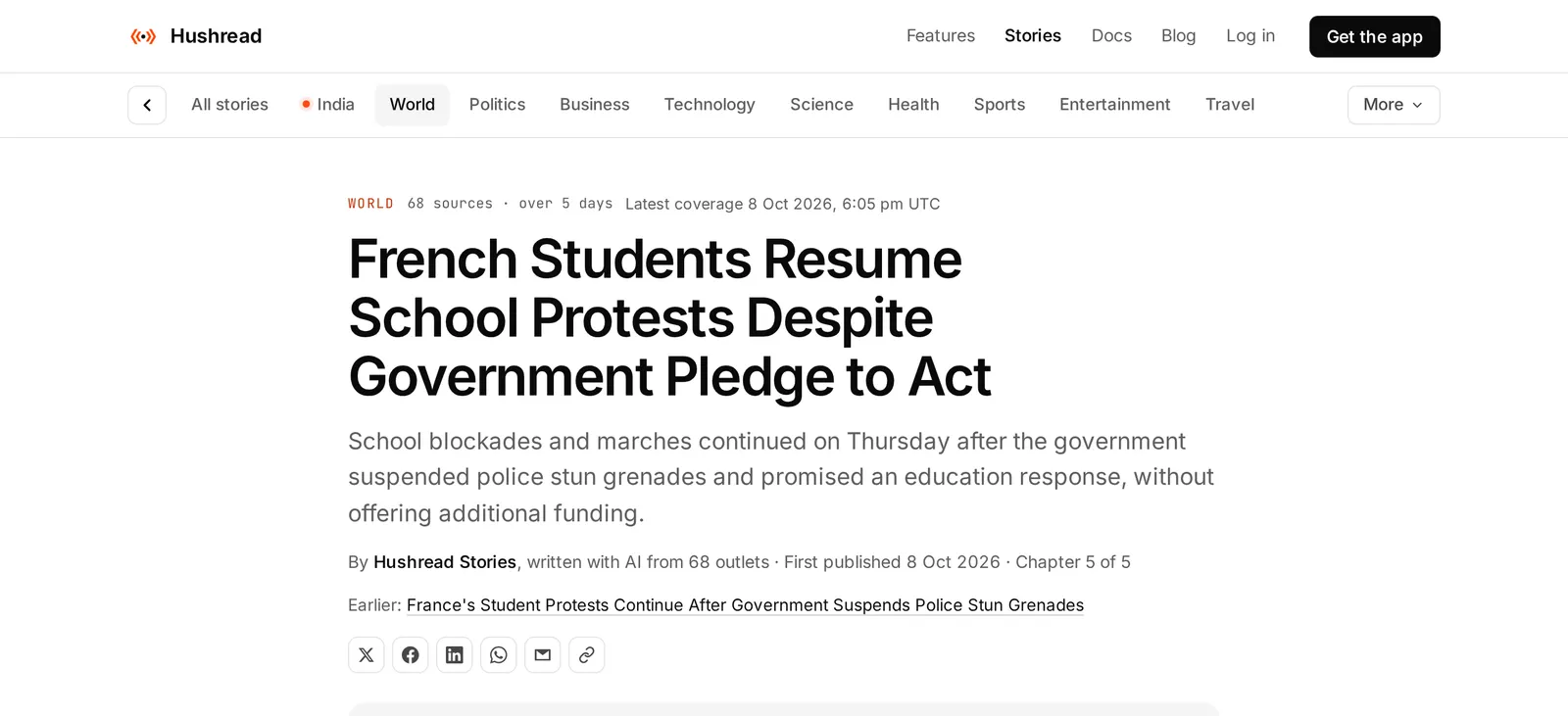 A Hushread story page headed French Students Resume School Protests Despite Government Pledge to Act, marked 68 sources over 5 days, written with AI from 68 outlets, chapter 5 of 5, with a link to the earlier chapter