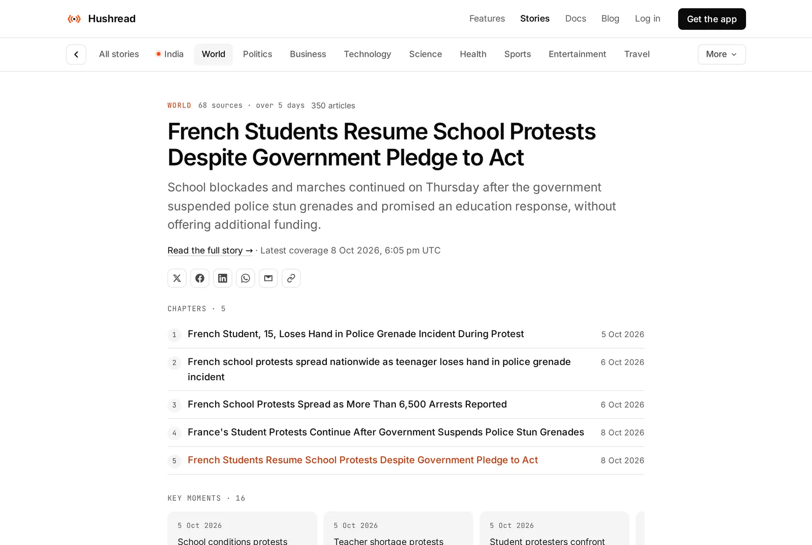 The timeline page for the same Hushread story, showing 68 sources, 350 articles over 5 days, and a list of 5 chapters dated 5 to 8 October 2026, followed by 16 key moments
