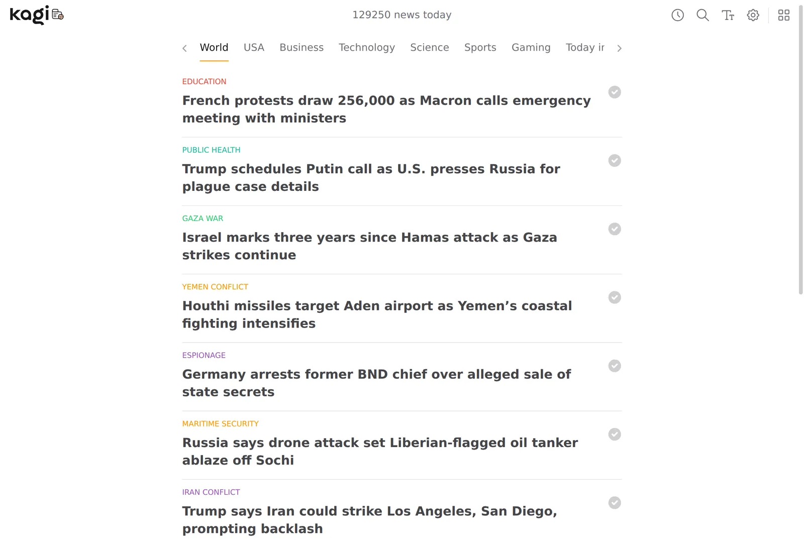 Kagi News World section listing the day's stories as plain headlines under topic labels, with category tabs for USA, Business, Technology, Science and Sports and no ads
