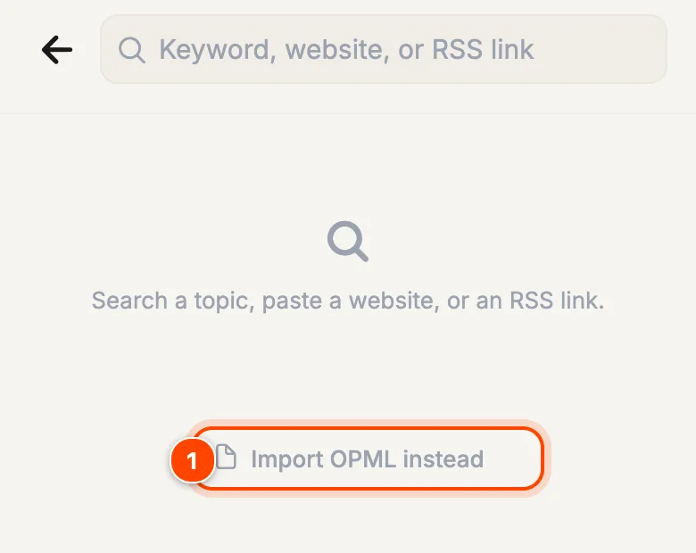 Add source screen with Import OPML instead highlighted