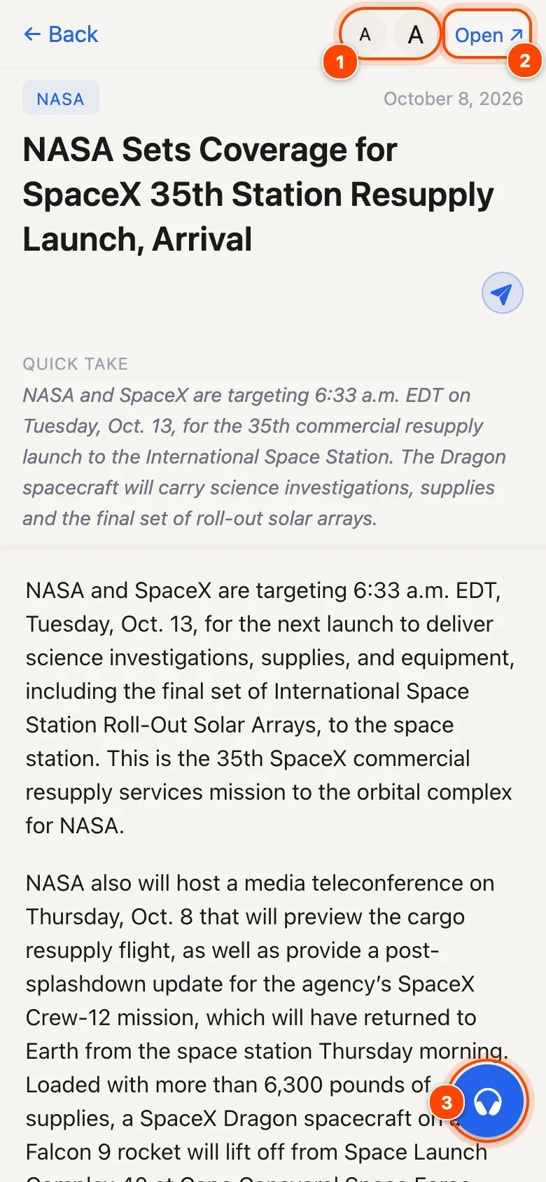 Article screen with text size, Open and Listen highlighted