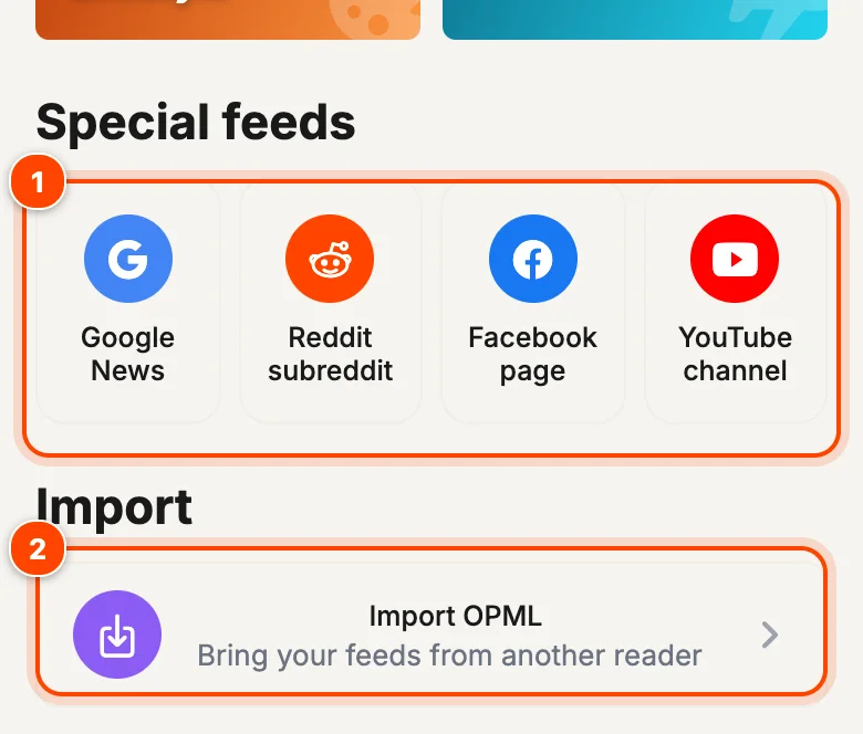 Discover screen with Special feeds and Import OPML highlighted