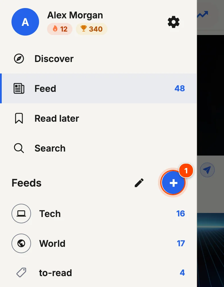 Menu with the plus button next to Feeds highlighted
