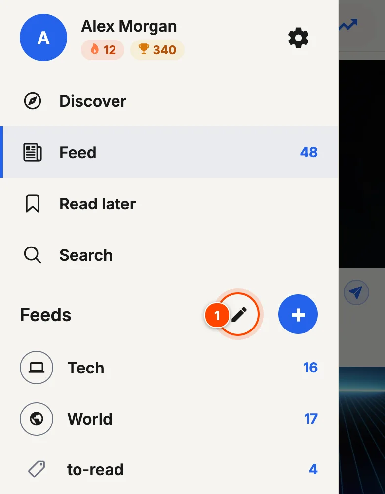 Menu with the pencil next to Feeds highlighted