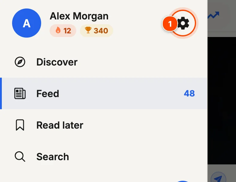 Menu with the settings gear highlighted