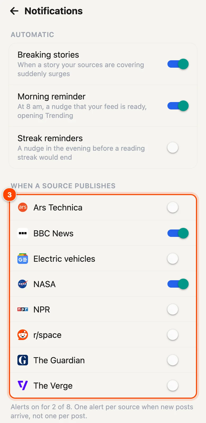 Notifications screen with the per-source switches highlighted