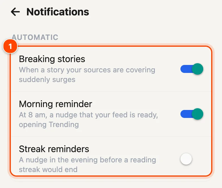 Notifications screen with the automatic alerts highlighted