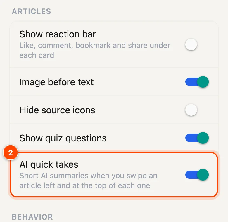 Reading settings with the AI quick takes switch highlighted