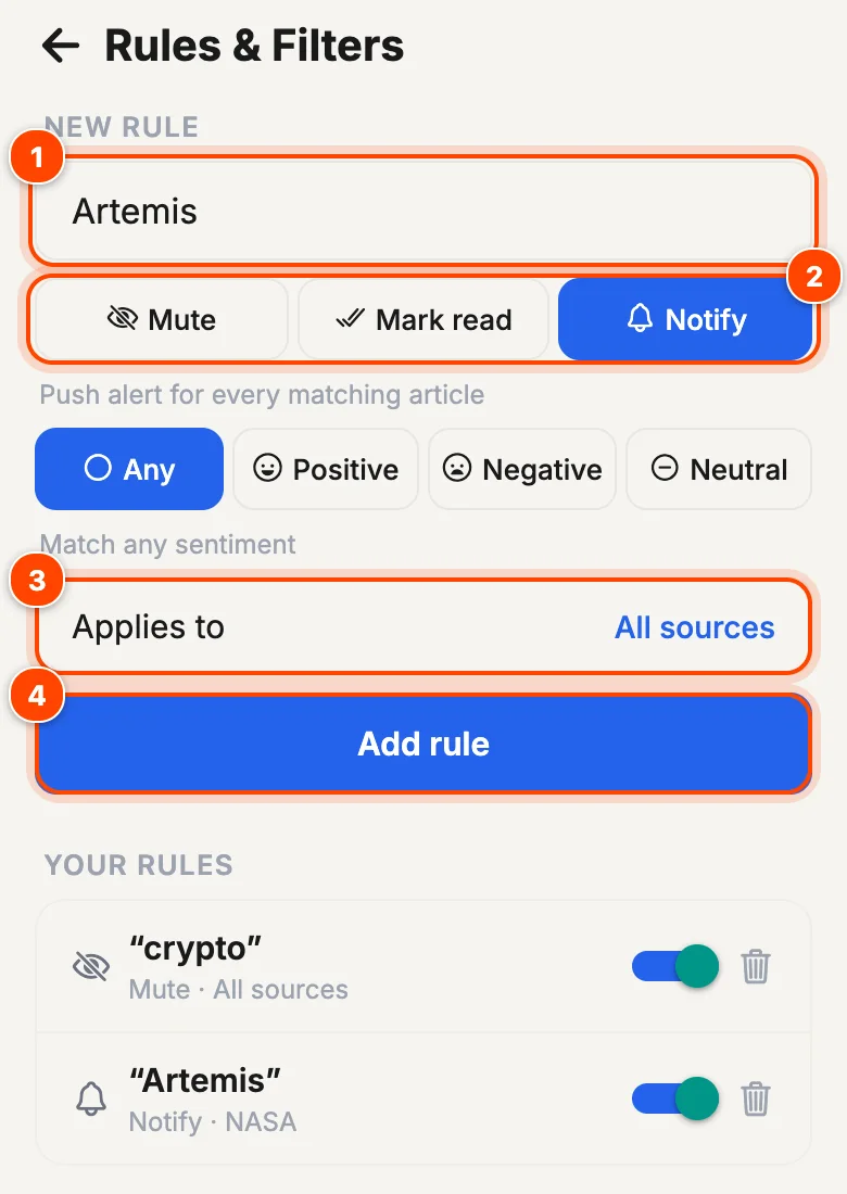 Rules screen with the new rule form numbered