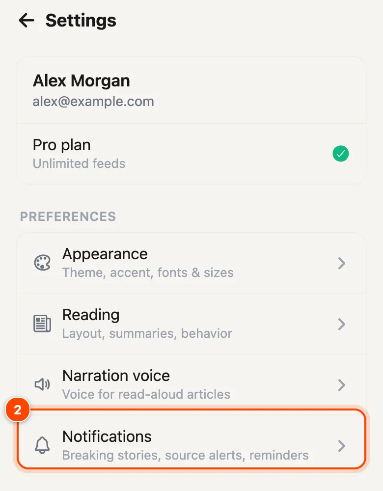 Settings screen with the Notifications row highlighted
