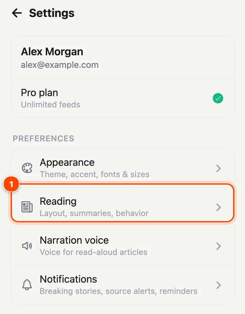 Settings screen with the Reading row highlighted